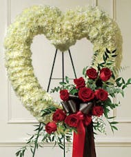 Standing Open Heart with White Carnations and Red Roses